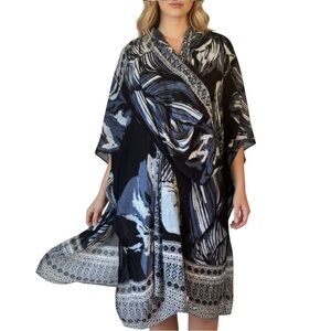 Abstract Floral Print Kimono Wrap Poncho in Navy and Black OS